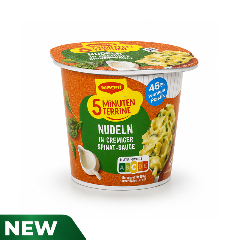 MAGGI 5 Minute Terrine Pasta in Spinach Cream Sauce, Delicious Ready Meal, Instant Ribbon Noodles, Egg Noodles with Cheese and Onions