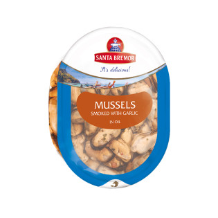 Santa Bremor Mussels Chilean Smoked in Oil with Garlic and Greens 150g
